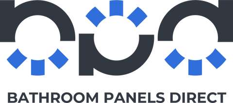 A digital graphic logo for 'Bathroom Panels Direct' featuring stylized dark gray letters with blue accents above the text 'BATHROOM PANELS DIRECT' on a solid black background.