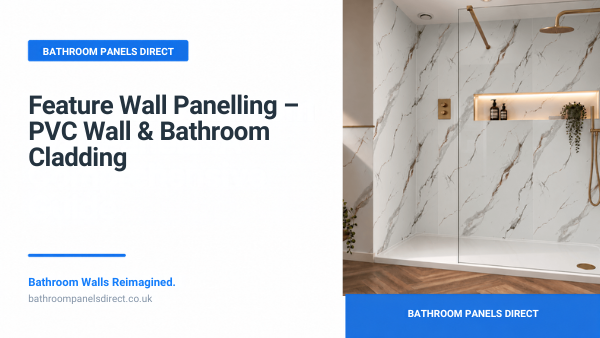 Feature wall panelling guide featuring Gold Vein Marble Luxury Matt PVC bathroom wall panels from Bathroom Panels Direct