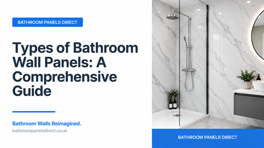 Types of bathroom wall panels comprehensive guide featuring a modern marble PVC shower wall by Bathroom Panels Direct