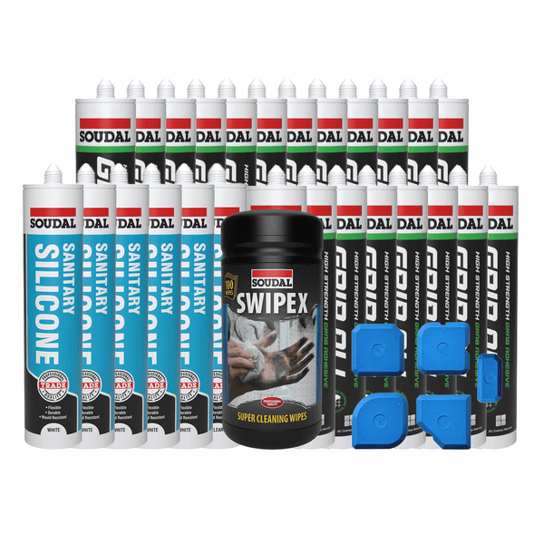 Complete 10 Panel Installation Kit featuring Soudal adhesives, sealants, Swipex wipes, and finishing tools. Perfect for professional bathroom installations. Durable and reliable for seamless results.