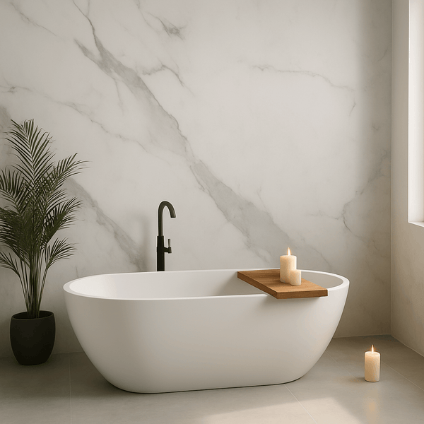 A modern bathroom featuring a freestanding white bath in front of white marble matt bathroom wall panels with soft grey veining. A black floor-mounted tap, wooden bath tray, and lit candles add warmth and contrast. Natural lighting and soft shadows highlight the realistic stone texture of the shower panels, making this a stylish and practical example of shower cladding as a tile alternative.