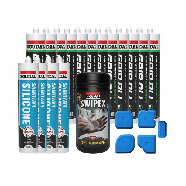 Complete 6 Panel Installation Kit featuring Soudal adhesives, sealants, Swipex wipes, and finishing tools. Perfect for professional bathroom installations. Durable and reliable for seamless results.
