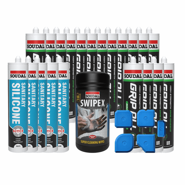 Complete 8 Panel Installation Kit featuring Soudal adhesives, sealants, Swipex wipes, and finishing tools. Perfect for professional bathroom installations. Durable and reliable for seamless results.