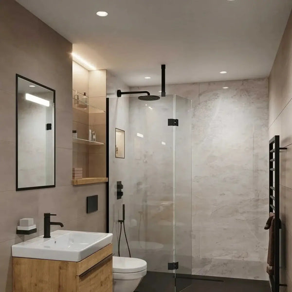 Elegant bathroom featuring Pergamon Marble panels, providing a warm and natural stone effect. Perfect for creating a serene and luxurious ambiance