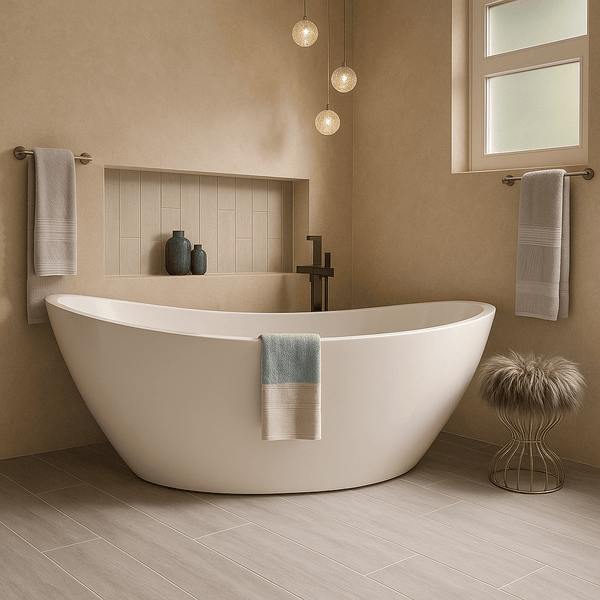 High resolution photo of a modern bathroom featuring beige concrete bathroom wall panels with a matt finish. A white freestanding bath sits against the textured shower cladding, with a black tap, wooden bath tray, and candles placed on the tray and floor. Natural lighting and shadows enhance the realistic surface, showing how shower panels can create a warm, modern alternative to tiles.