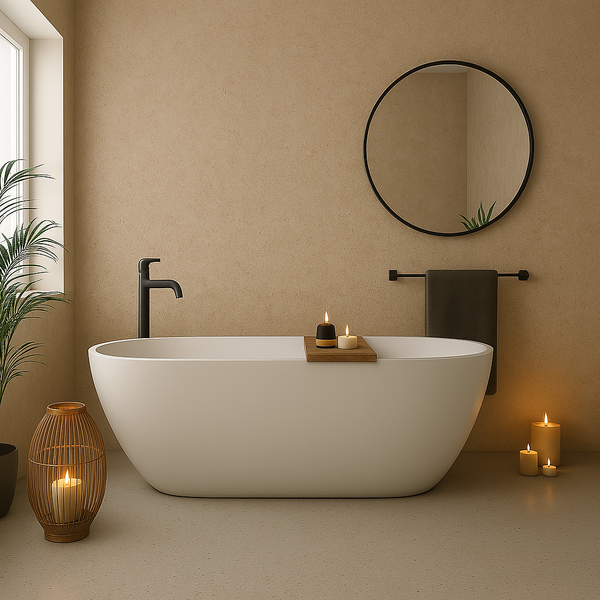High resolution photo of a modern bathroom featuring beige concrete bathroom wall panels with a matt finish. A white freestanding bath sits against the textured shower cladding, with a black tap, wooden bath tray, and candles placed on the tray and floor. Natural lighting and shadows enhance the realistic surface, showing how shower panels can create a warm, modern alternative to tiles.