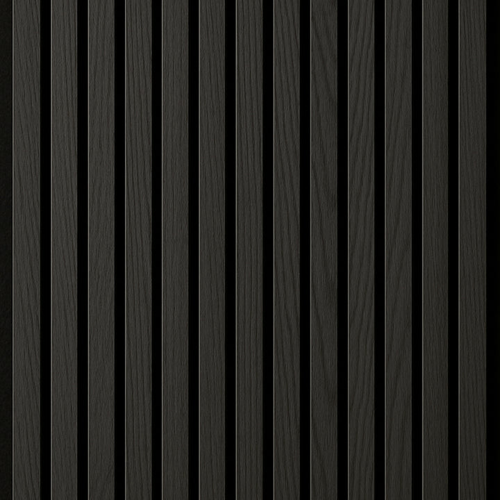 Charcoal acoustic slat wall panel – dark wood slatted soundproof panel for enhanced acoustics and contemporary interior design. Great for home, office, and studio walls.