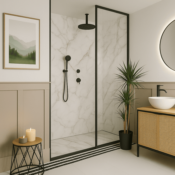 Shower area with soft grey and gold marble satin panels and matte black fittings