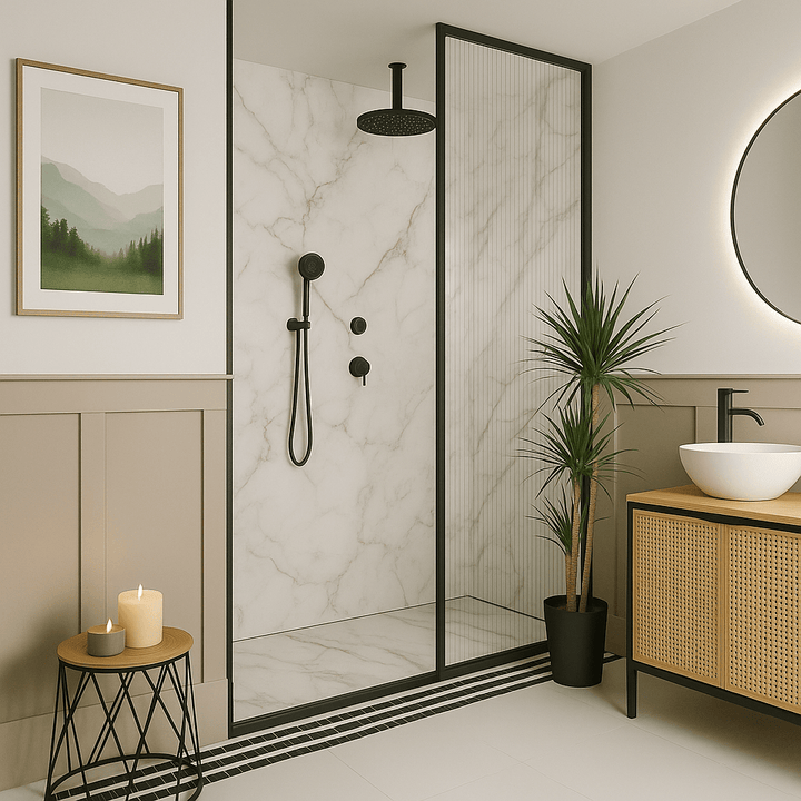 Shower area with soft grey and gold marble satin panels and matte black fittings