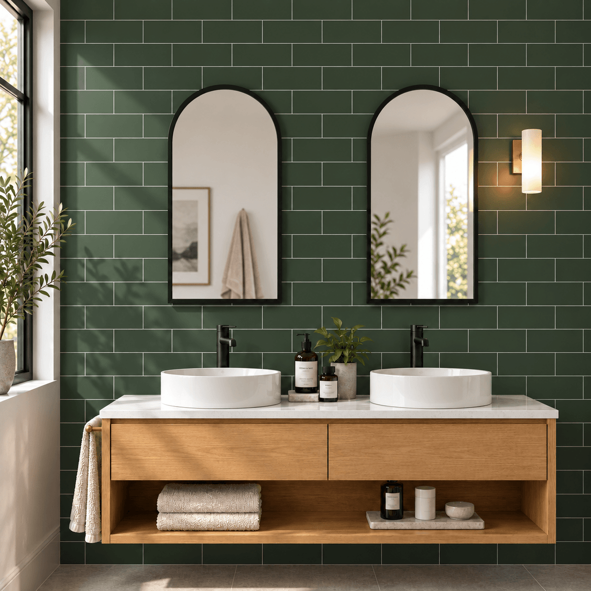 A modern double-sink bathroom vanity with a light wood floating cabinet, white vessel sinks, black faucets, and two arched mirrors set against a dark green subway tile wall.