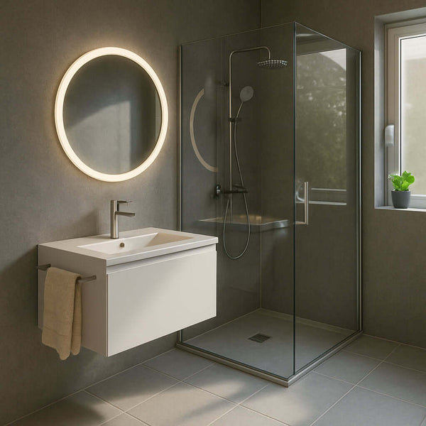 Stylish grey concrete bathroom panel offering a modern, industrial look. Durable and easy to install, perfect for creating a contemporary bathroom design.