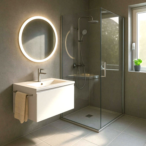 Stylish grey concrete bathroom panel offering a modern, industrial look. Durable and easy to install, perfect for creating a contemporary bathroom design.