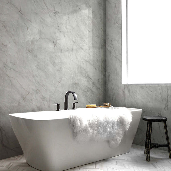 Bathroom featuring a stunning grey marble panel, creating a luxurious and sophisticated atmosphere. Ideal for modern bathroom designs.