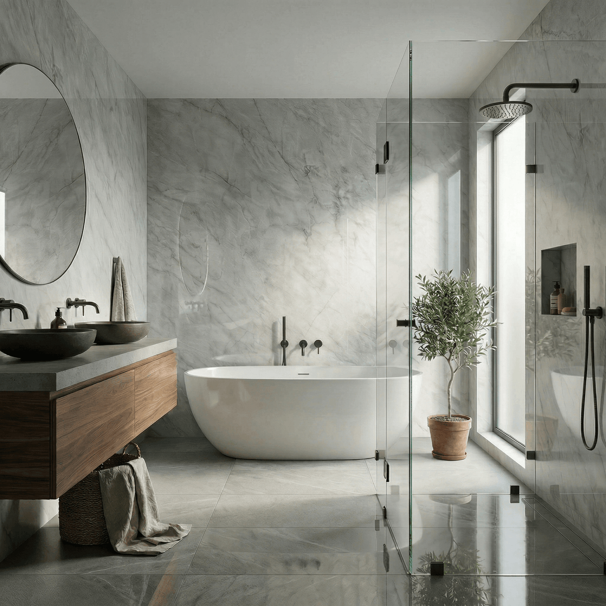 Modern bathroom with a freestanding bathtub, glass shower enclosure, and wooden vanity.