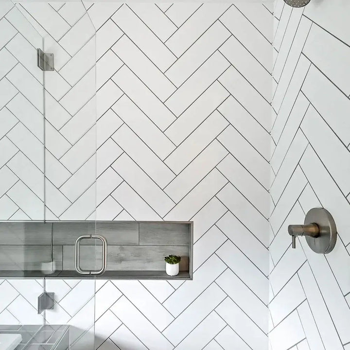 White Herringbone Matt Tile PVC | Bathroom Panels Direct