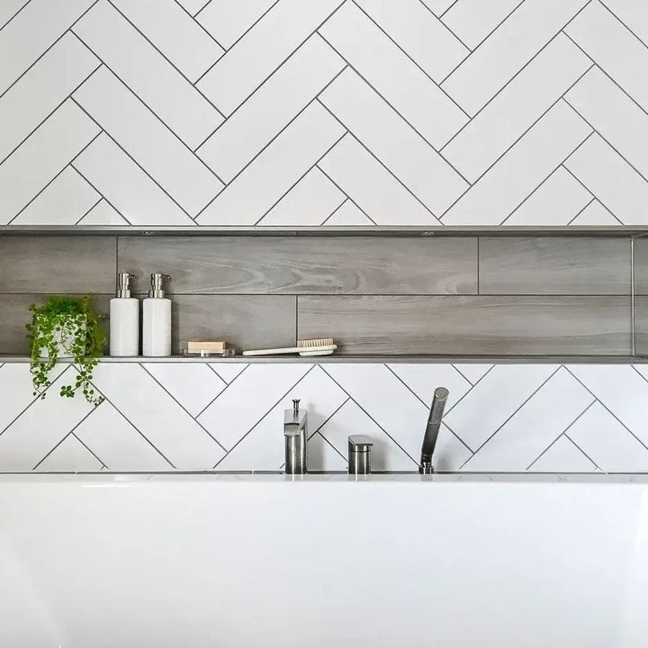 White Herringbone Matt Tile PVC | Bathroom Panels Direct
