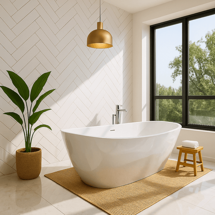 a stunning white herringbone pattern with grey grout pvc bathroom wall panel from bathroompanels direct.