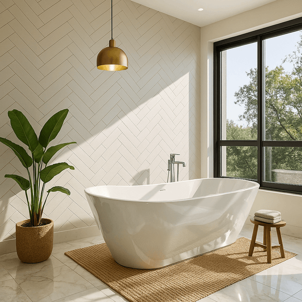 a stunning white herringbone pattern with grey grout pvc bathroom wall panel from bathroompanels direct.