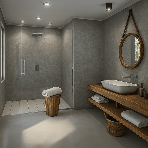 Stylish grey concrete bathroom panel offering a modern, industrial look. Durable and easy to install, perfect for creating a contemporary bathroom design.