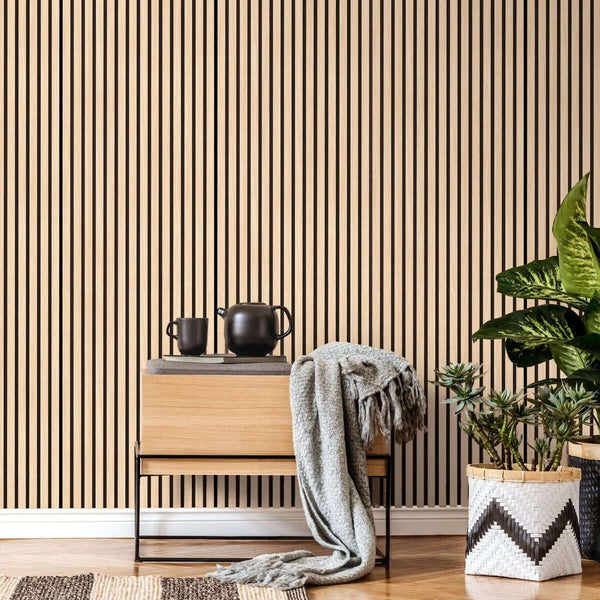 Light ash acoustic slat wall panel – modern wood slatted panel for sound absorption and stylish interior design. Ideal for home and commercial acoustic treatment.