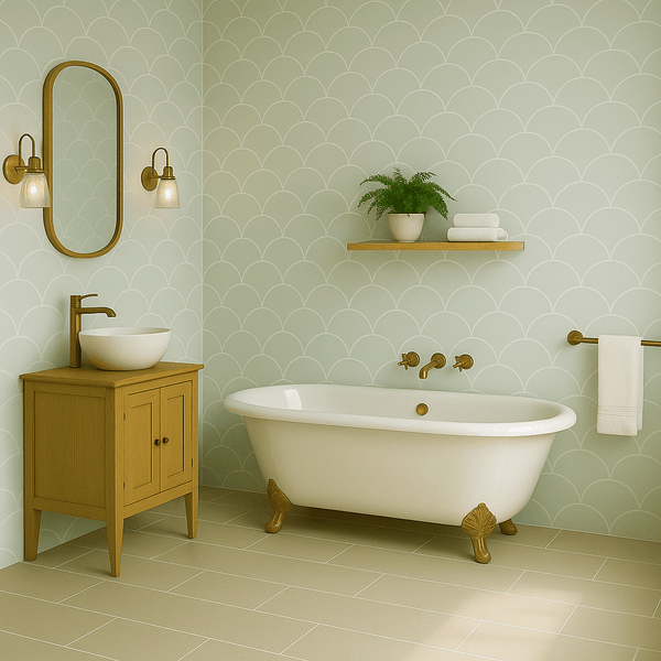 Modern bathroom with muted green mermaid scale satin wall panel and wooden accents