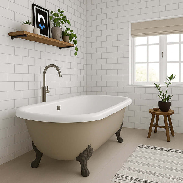 Minimalist bathroom with white metro tile effect panels and silver fixtures