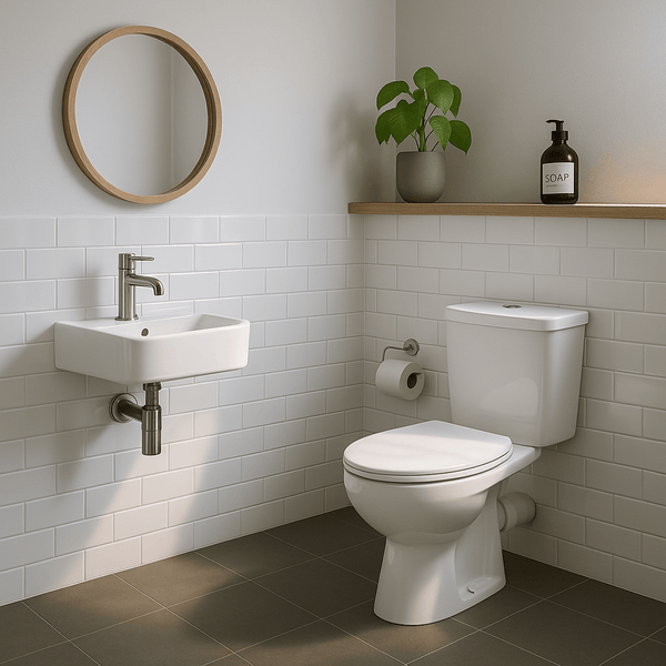 Minimalist bathroom with white metro tile effect panels and silver fixtures