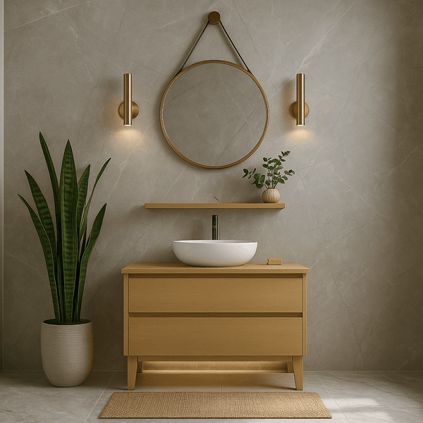 photo of a modern bathroom featuring realistic grey marble effect bathroom wall panels used as a feature wall. A solid wood vanity unit with a white basin and black tap sits in front, with natural shadows and lighting enhancing the depth and texture of the shower cladding. The space highlights how shower panels can create a clean, stylish alternative to traditional tiles, perfect for modern bathroom designs. A round mirror and indoor plant complete the contemporary look.