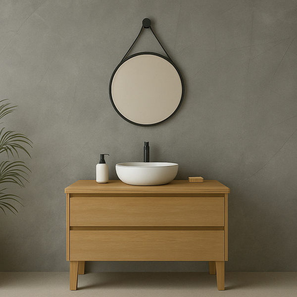 photo of a modern bathroom featuring realistic grey marble effect bathroom wall panels used as a feature wall. A solid wood vanity unit with a white basin and black tap sits in front, with natural shadows and lighting enhancing the depth and texture of the shower cladding. The space highlights how shower panels can create a clean, stylish alternative to traditional tiles, perfect for modern bathroom designs. A round mirror and indoor plant complete the contemporary look.