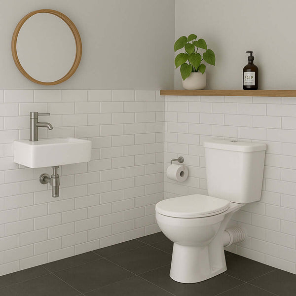 Minimalist bathroom with white metro tile effect panels and gold fixtures