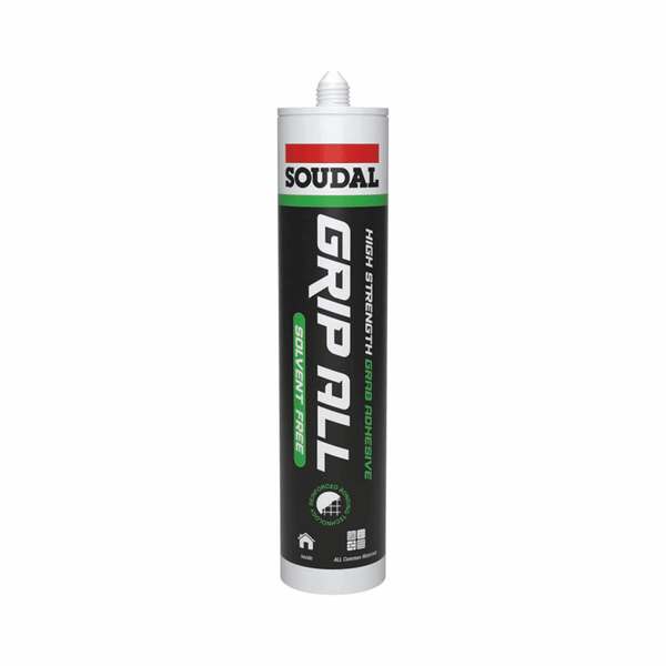 Tube of Soudal Grip All Solvent Free Adhesive. High strength, solvent-free adhesive ideal for bathroom panel installations. Provides durable bonding across various surfaces. Perfect for both DIY and professional use.