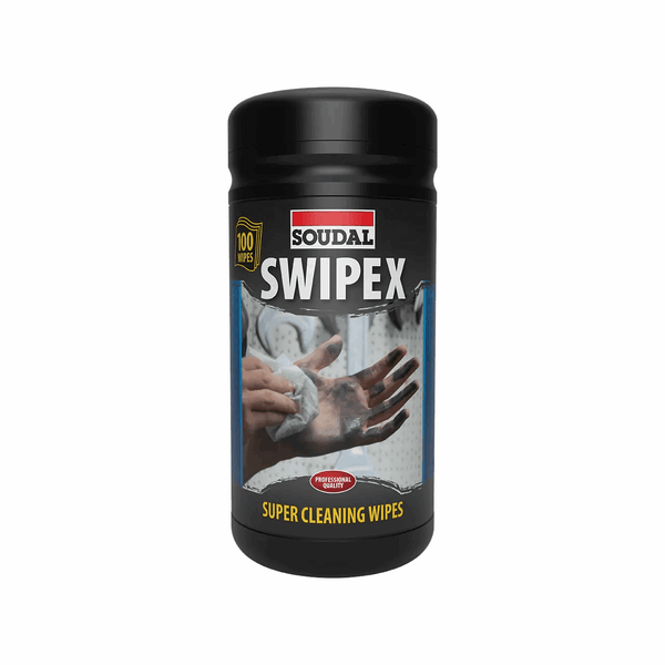 Container of Soudal Swipex Wipes for cleaning. Ideal for removing uncured sealants, adhesives, and grime from hands, tools, and surfaces. Perfect for bathroom panel installations and professional use.