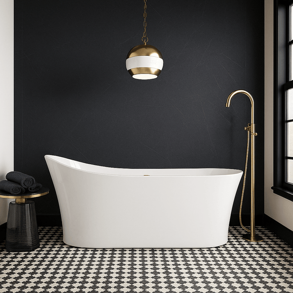 Freestanding white bath against dark grey satin PVC bathroom panel with gold fittings