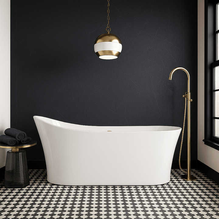 Freestanding white bath against dark grey satin PVC bathroom panel with gold fittings