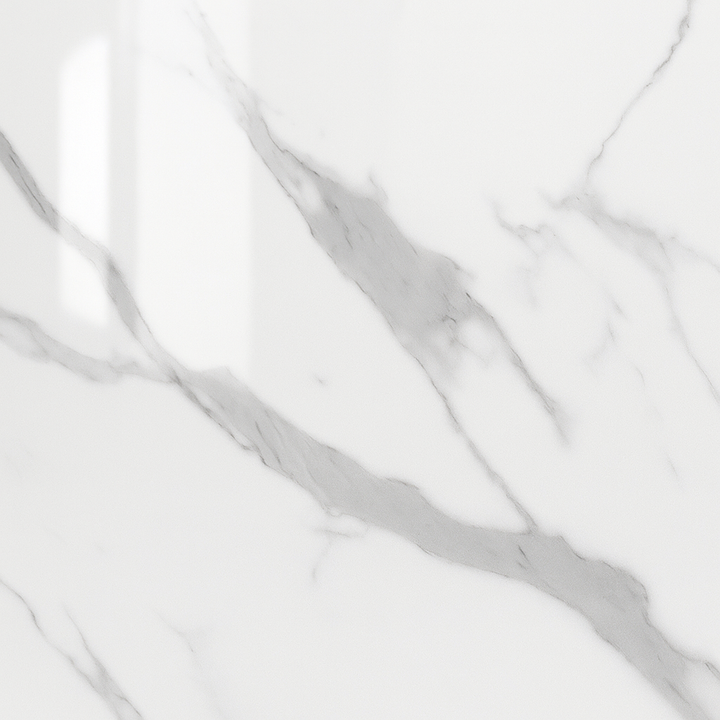 Close-up view of High Gloss White Marble PVC Bathroom Panel showcasing intricate marble pattern and glossy finish.