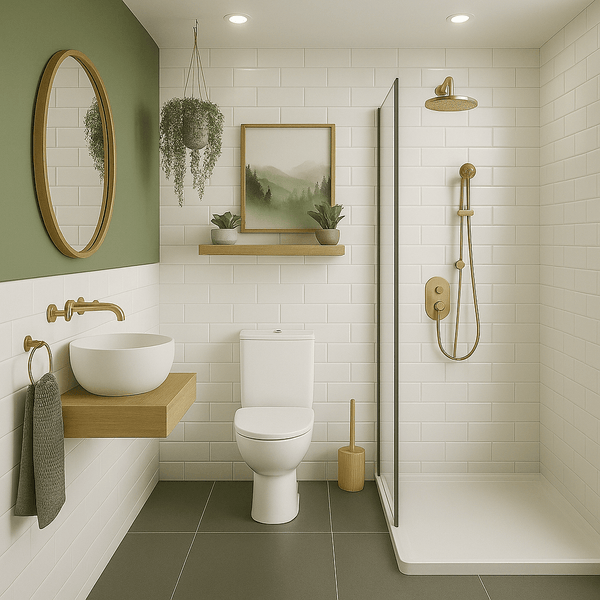 Minimalist bathroom with white metro tile effect panels and gold fixtures