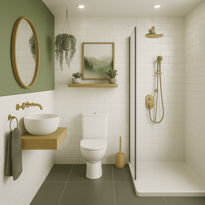 Minimalist bathroom with white metro tile effect panels and gold fixtures