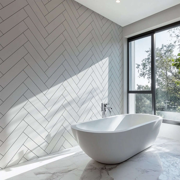 a stunning white herringbone pattern with grey grout pvc bathroom wall panel from bathroompanels direct