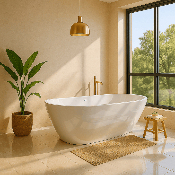 High resolution photo of a modern bathroom featuring beige concrete bathroom wall panels with a matt finish. A white freestanding bath sits against the textured shower cladding, with a black tap, wooden bath tray, and candles placed on the tray and floor. Natural lighting and shadows enhance the realistic surface, showing how shower panels can create a warm, modern alternative to tiles.