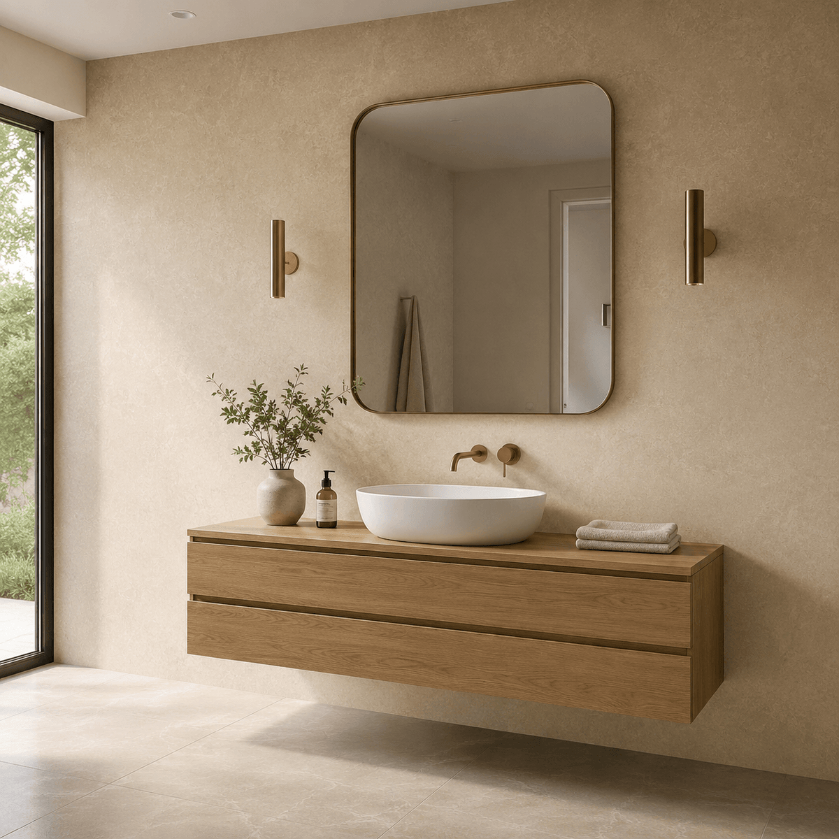 High resolution photo of a modern bathroom featuring beige concrete bathroom wall panels with a matt finish. A white freestanding bath sits against the textured shower cladding, with a brass tap. Natural lighting and shadows enhance the realistic surface, showing how shower panels can create a warm, modern alternative to tiles.