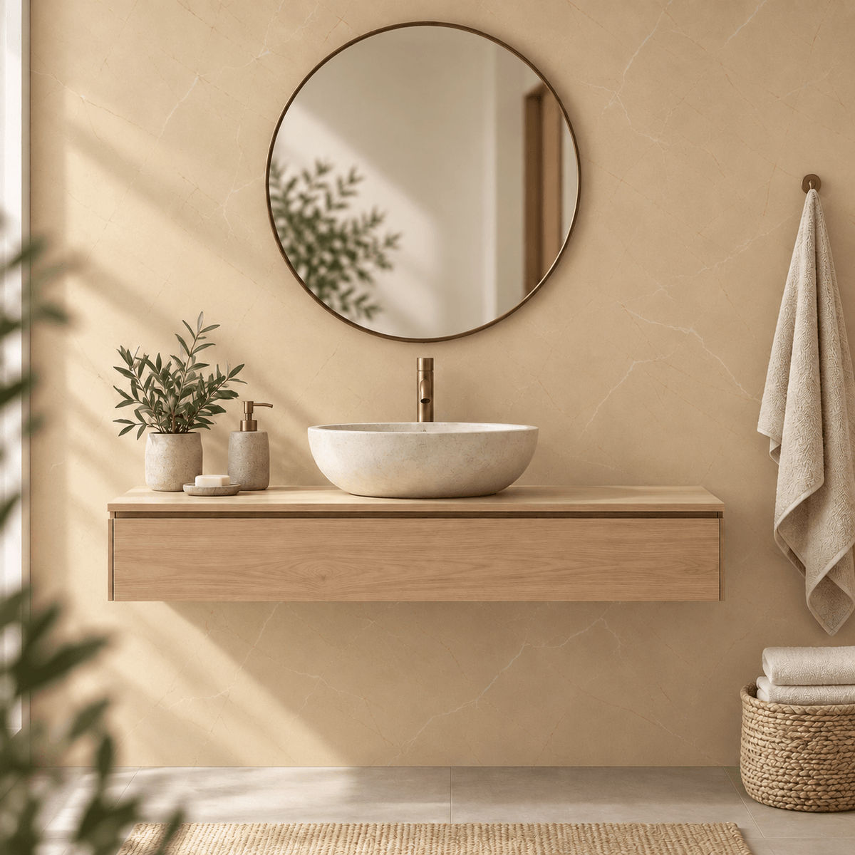 A modern floating wooden vanity with a white ceramic vessel sink and a gold faucet, set against a warm beige stone wall under a round mirror. A beige towel hangs on the right, and a woven basket with rolled towels sits on the floor.