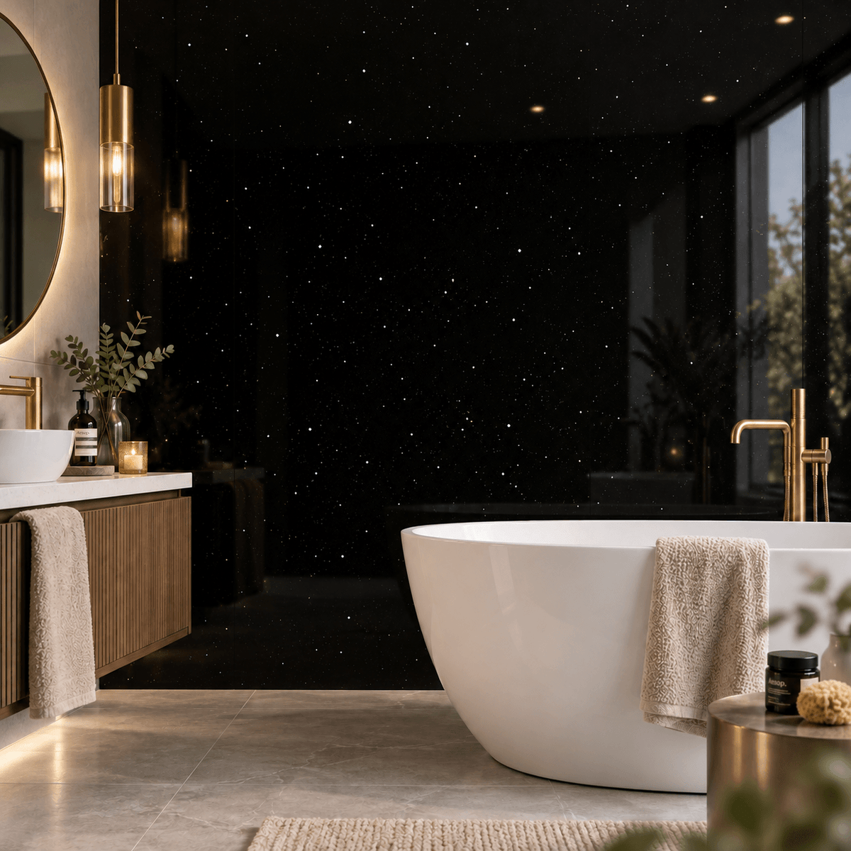 A modern freestanding white bathtub in a luxurious bathroom with a black sparkle wall, gold fixtures, a wooden vanity, and a marble floor.