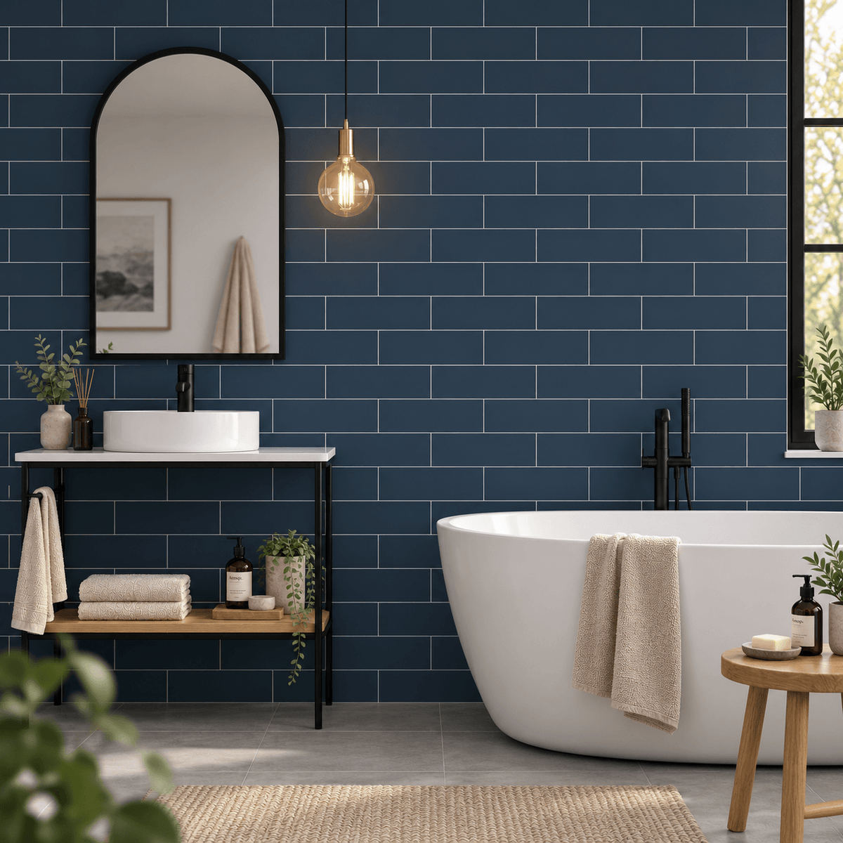 A modern bathroom scene with dark blue subway tile walls, a white freestanding bathtub, a black-framed vessel sink, and a black floor-mounted vanity with a mirror and pendant light.