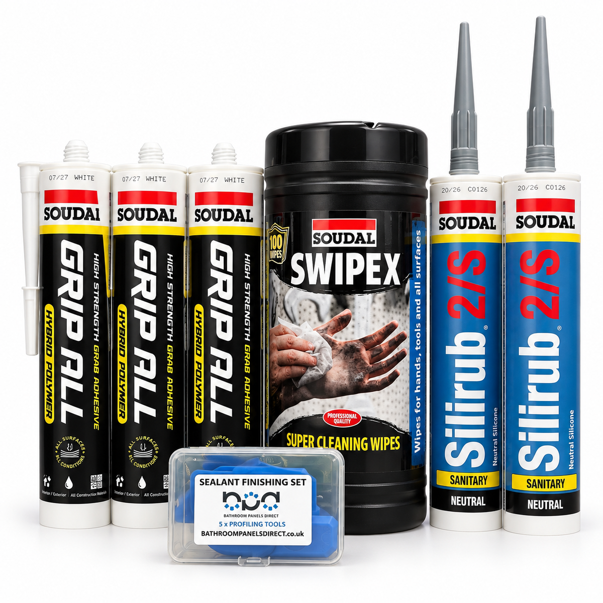 Bathroom panel installation kit with Soudal adhesive, silicone, Swipex wipes and finishing tools