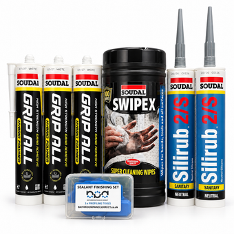 Bathroom panel installation kit with Soudal adhesive, silicone, Swipex wipes and finishing tools