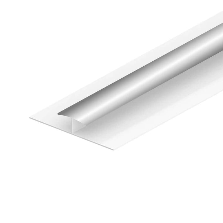 Metallic silver H trim strip on a white PVC background