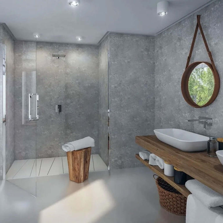 Stylish grey concrete bathroom panel offering a modern, industrial look. Durable and easy to install, perfect for creating a contemporary bathroom design.