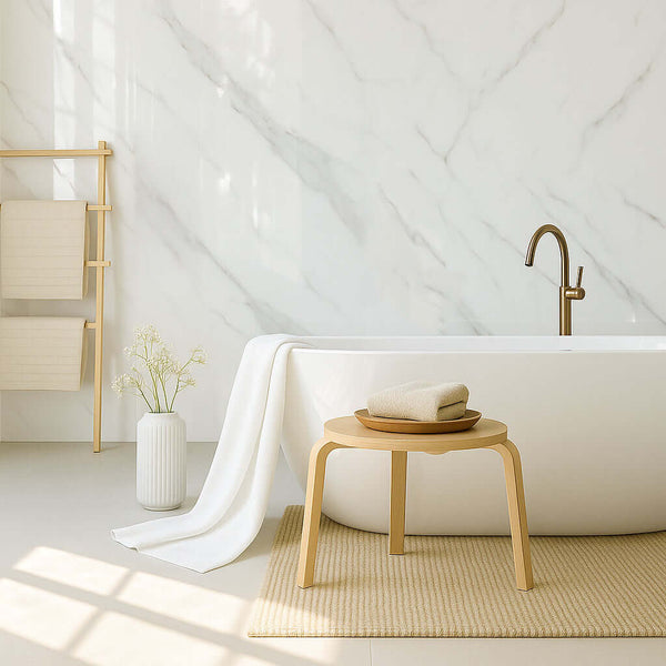 Bright and modern bathroom featuring White Marble panels, offering a sleek and timeless marble effect. Perfect for creating a sophisticated and clean space.