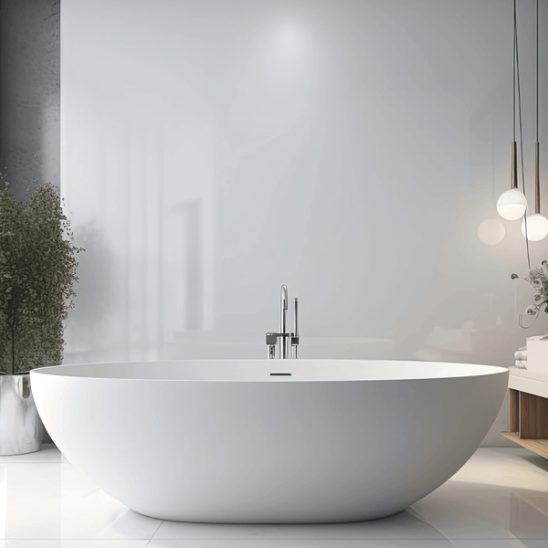 Modern bathroom with high gloss white panels, offering a sleek and reflective finish that enhances light and space. Perfect for creating a bright, clean, and contemporary look.
