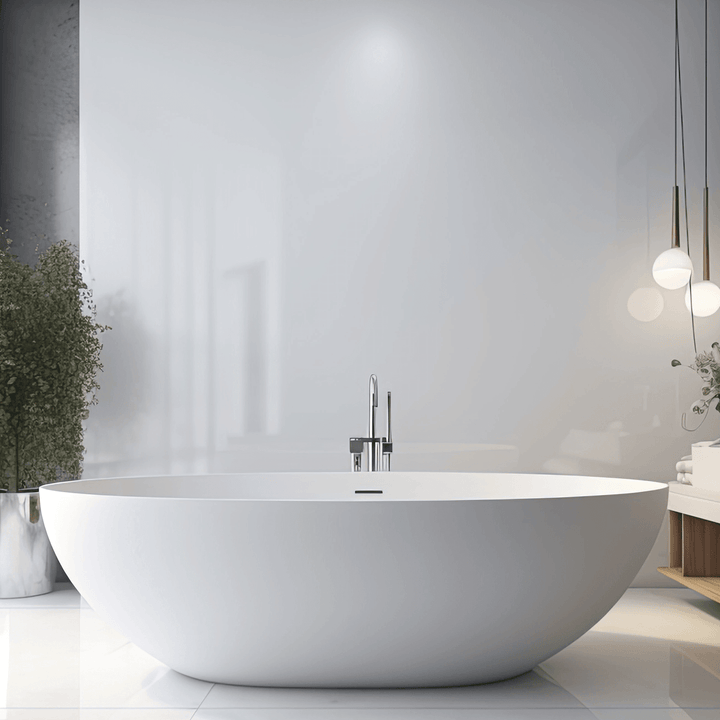 Modern bathroom with high gloss white panels, offering a sleek and reflective finish that enhances light and space. Perfect for creating a bright, clean, and contemporary look.
